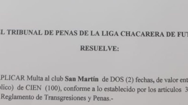 9 puntos menos y multa económica a San Martín