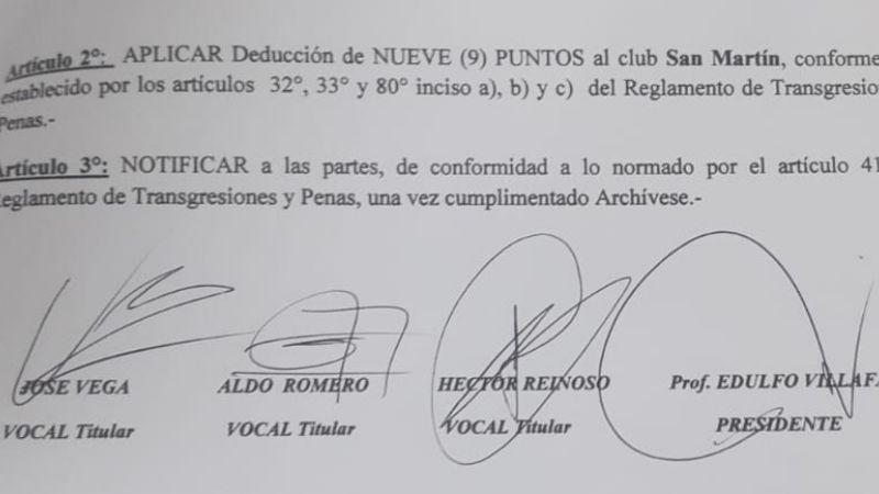 9 puntos menos y multa económica a San Martín