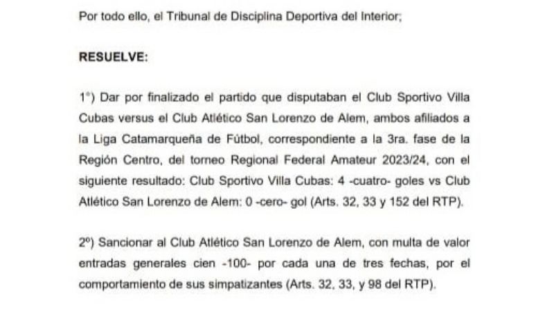 El TDI ratificó la goleada de V. Cubas 4-0 ante San Lorenzo