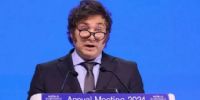 EL PRESIDENTE JAVIER MILEI, hablando ayer en el Foro de Davos, en Suiza, ante los empresarios del mundo occidental.