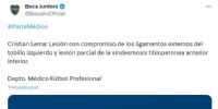 EL PARTE MÉDICO de Boca sobre la lesión en el tobillo izquierdo de Cristian Lema.