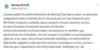 RACING rechazó la medida, y anticipó la inmediata apelación porque 