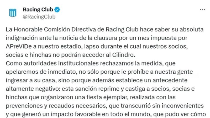 Dura sanción a Racing; 30 días a puertas cerradas