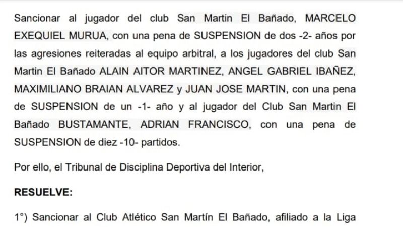 Duras sanciones a San Martín y varios de sus jugadores