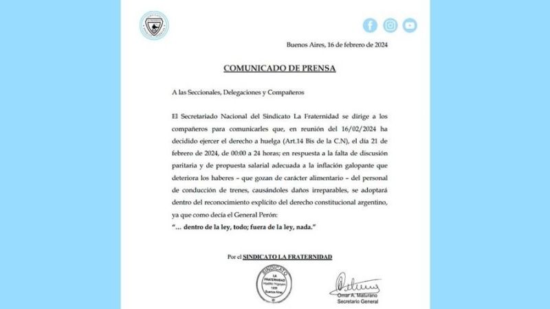 La Fraternidad anunció paro de trenes