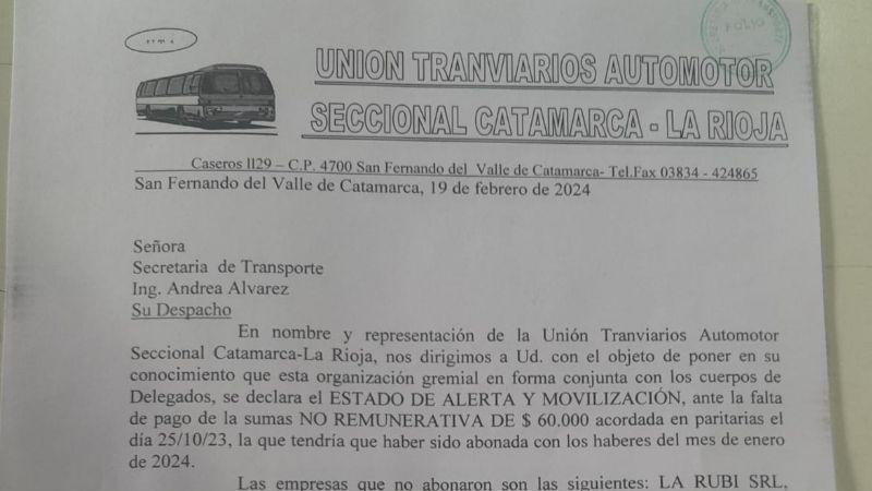 UTA en estado de “alerta y movilización”