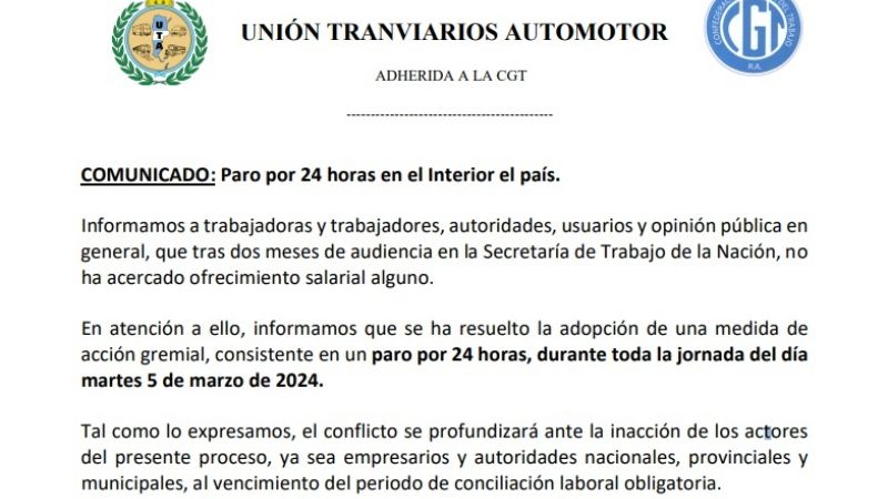 Desde la medianoche, paro de colectivos