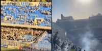 EN LA PREVIA hubo serios incidentes en la tribuna y hasta volaron vallas hacia la bandeja donde estaban los hinchas uruguayos.