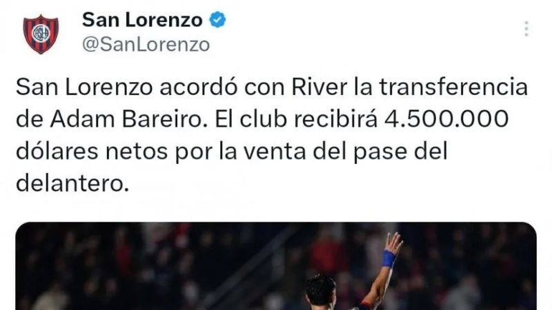 Bareiro a River tras acuerdo con San Lorenzo