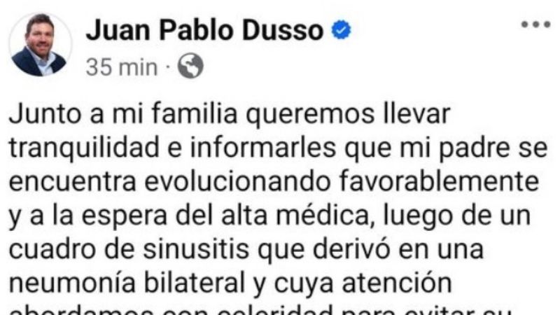 Dusso, internado y recuperándose