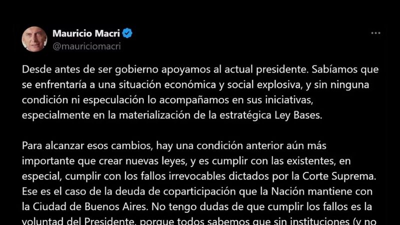 Macri pidió a Milei que “cumpla las leyes”