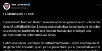 EL COMUNICADO oficial de San Lorenzo, para sacarlo del manejo del fútbol a Ortigoza, sin citarlo en el escrito.