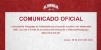 La Asociación Paraguaya de Fútbol confirmó el despedido de Aldo Duscher, en medio del Sudamericano Sub 20.
