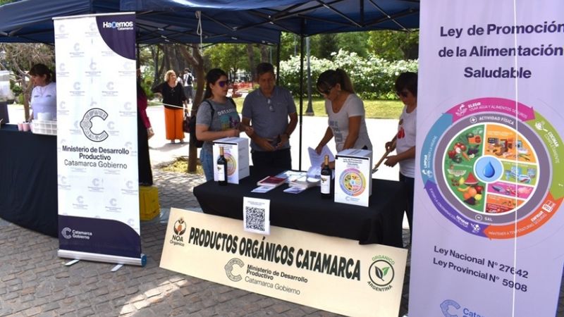 Productores orgánicos exponen y venden productos en la plaza 25 de Mayo