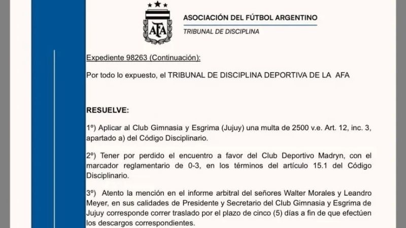 AFA otorgó el triunfo a Dep. Madryn ante Gimnasia (J)