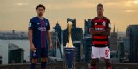 Marquinhos y Bruno Henrique, figuras del PSG y el Flamengo, junto al trofeo que disputará hoy.