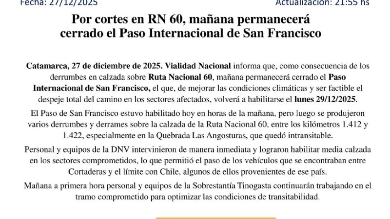 Este domingo el Paso San Francisco estará cerrado