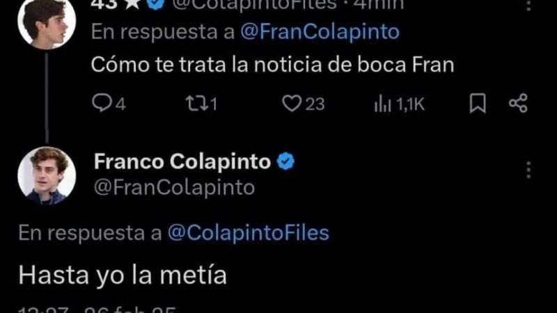 Palo de Colapinto a Cavani: “Hasta yo la metía”