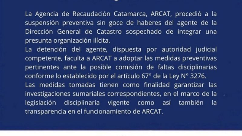 ARCAT suspendió sin goce de sueldo a empleado implicado en la banda de estafadores