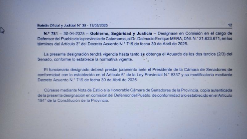 Macedo volvió a objetar la designación de Mera