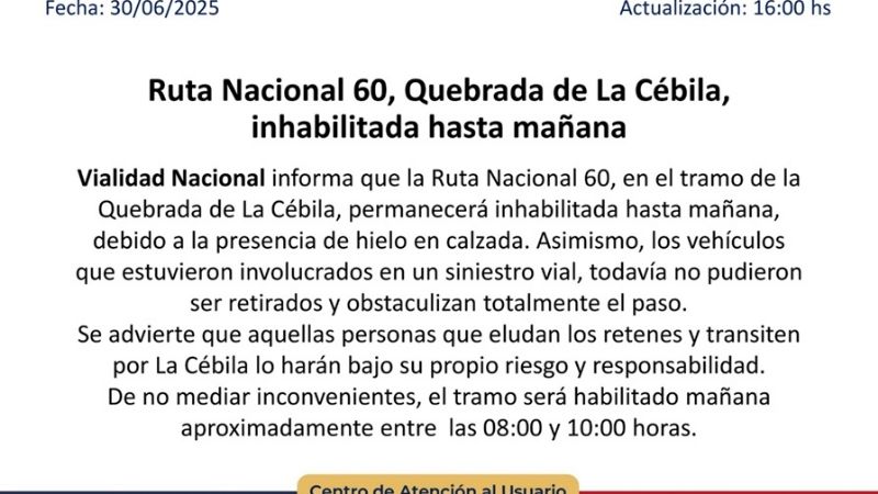 Inhabilitan tránsito por La Cebila hasta mañana