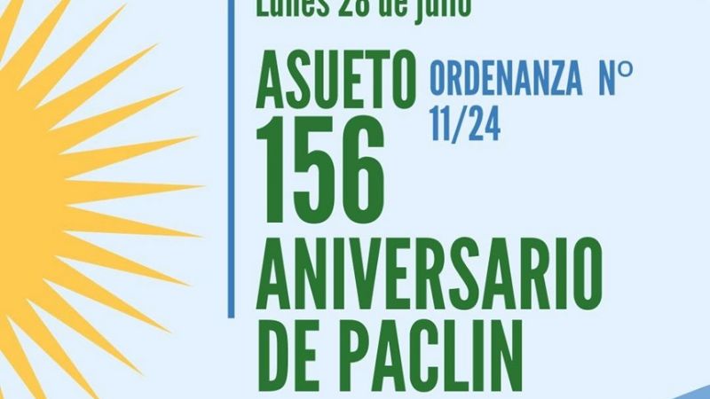 El lunes, asueto por el 156° aniversario de Paclín