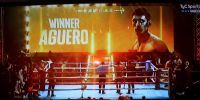 EL ANUNCIÓ del triunfo de Josué Agüero en la pantalla del estadio “Martyrs of Benina”, en Bengazi, Libia, África. 