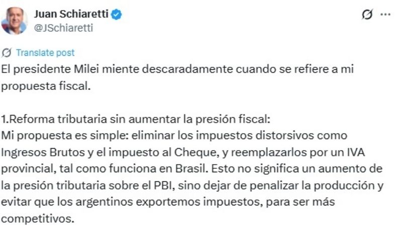 Schiaretti: “Milei miente descaradamente”