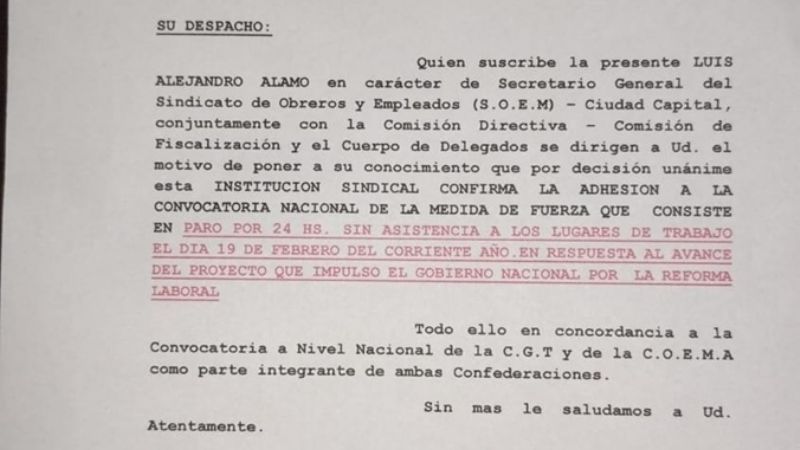 El SOEM resolvió adherirse al paro de este jueves