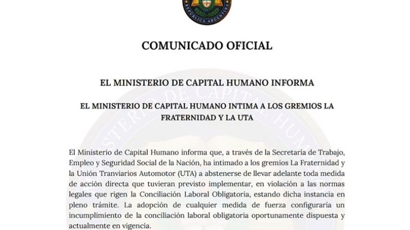 El Gobierno intimó a La Fraternidad y la UTA a abstenerse de realizar el paro de mañana