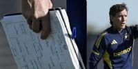 Claudio Úbeda dirigiendo el entrenamiento de Boca, con la pizarra y el once anotado. (Prensa Boca Juniors)