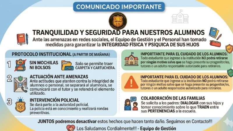 La Escuela Estanislao Maldones prohíbe mochilas tras amenazas en redes sociales