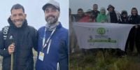 Carlos Tevez con el coordinador de su excursión por el cerro más alto de Córdoba.