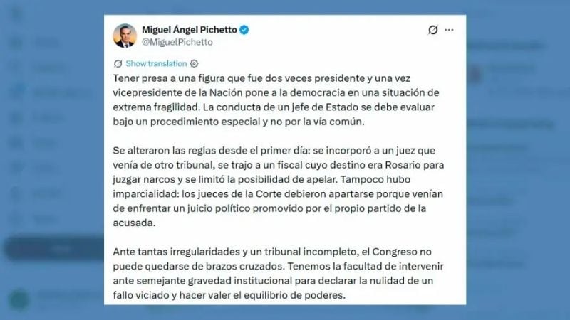 Pichetto exigió declarar "nulo y viciado" el fallo contra Cristina