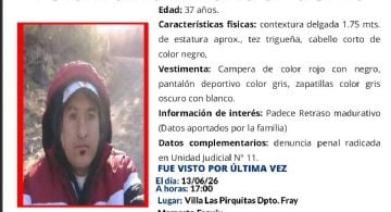 Buscan a un hombre de 37 años desaparecido en Villa Las Pirquitas