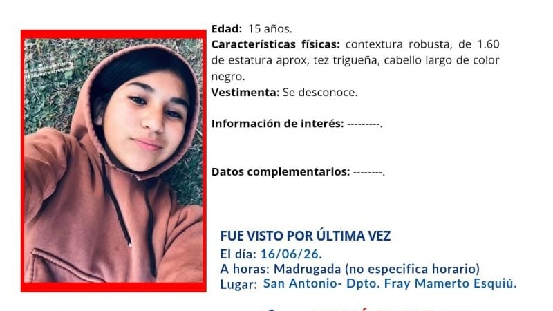 Buscan intensamente a una adolescente de 15 años desaparecida en Fray Mamerto Esquiú