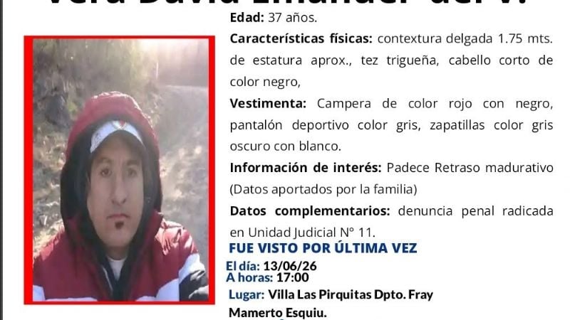Buscan a un hombre de 37 años desaparecido en Villa Las Pirquitas