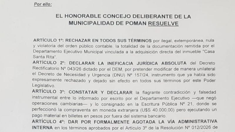 El Concejo Deliberante de Pomán decidió denunciar penalmente al intendente Gordillo